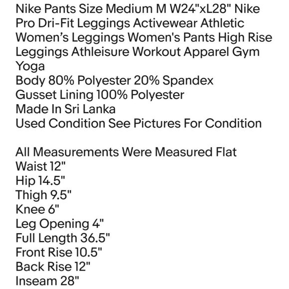 Nike Pants Size Medium M W24"xL28" Nike Pro Dri-Fit Leggings Activewear Athletic - Picture 2 of 6